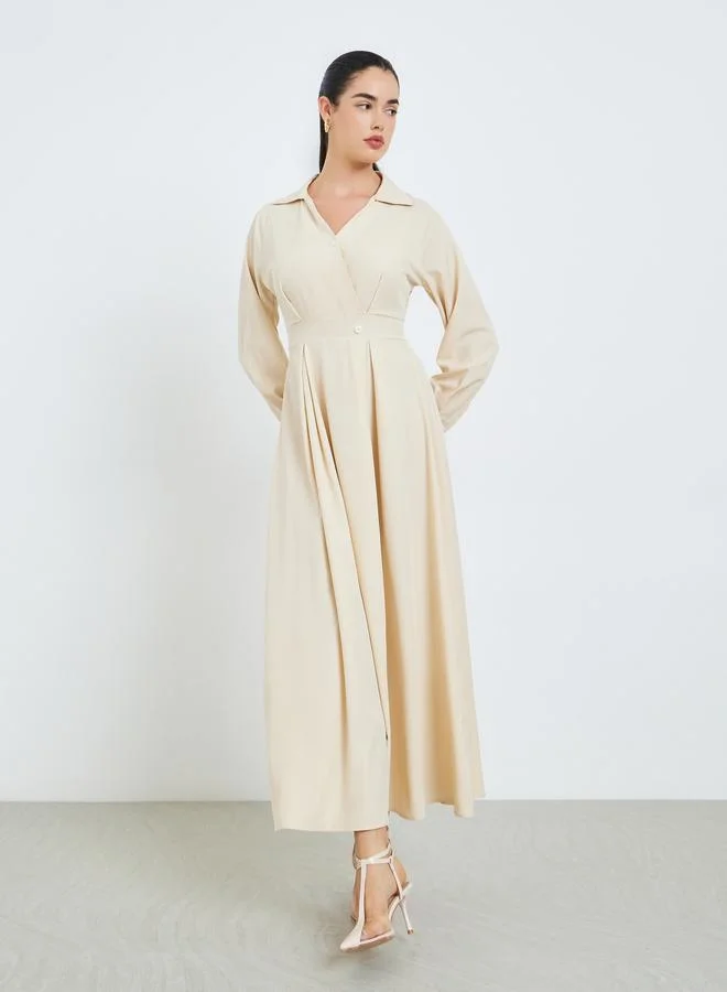 Styli Women Beige Pleated A-Line Maxi Dress